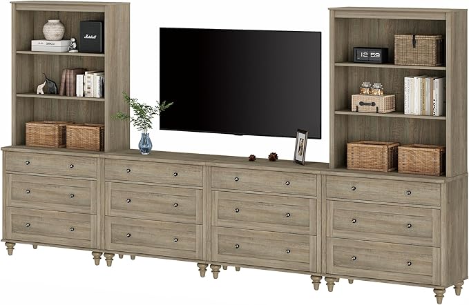 WAMPAT Entertainment Center with Bookshelves for TVs up to 75", Farmhous...