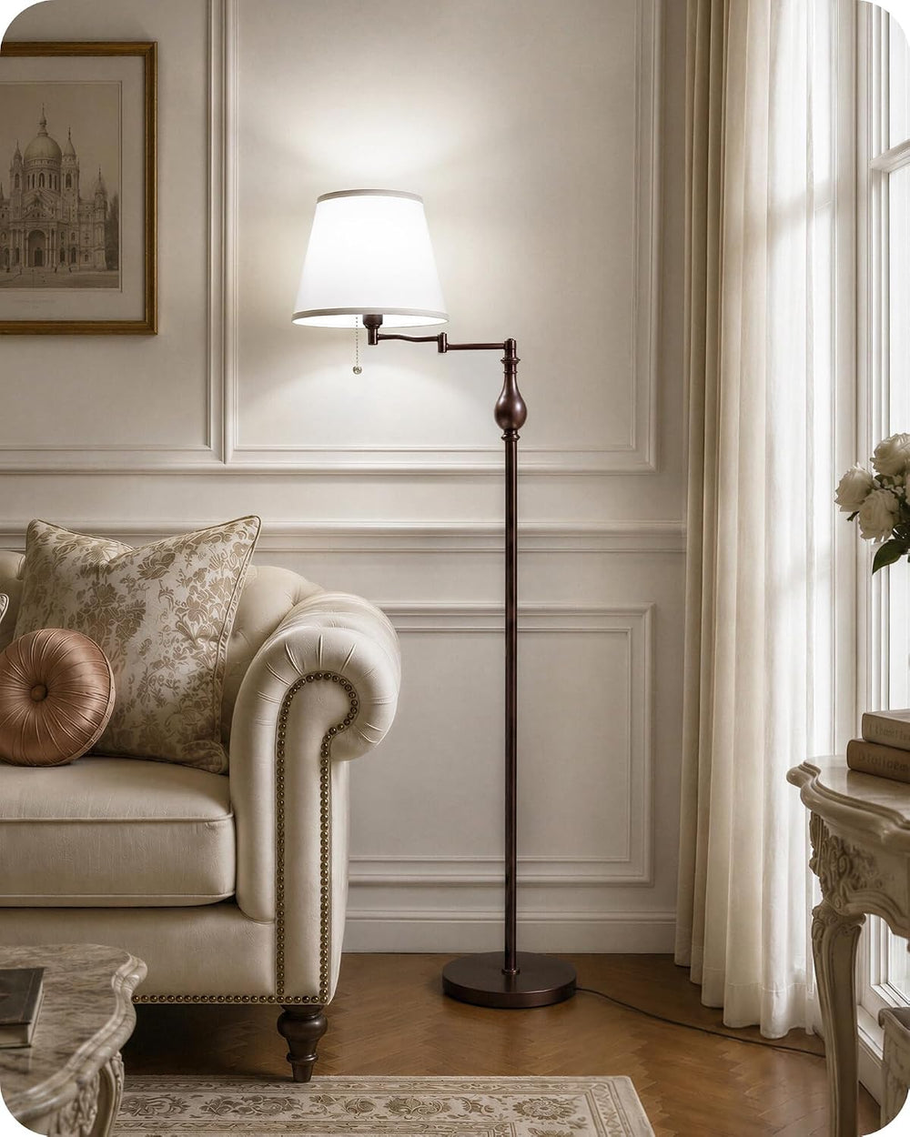61" Vintage Floor Lamp with Adjustable Swing Arm,Rustic Brown & Whit...