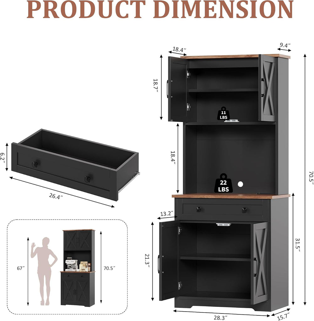 GAOMON 71" Pantry Cabinet with Charging Station, Tall Kitchen Pantry Sto...