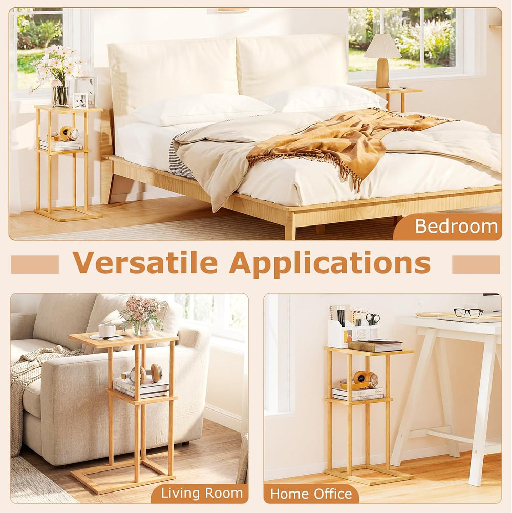 Giantex Bamboo Side Table Set of 2, 3-Tier Narrow End Table with Storage Shel...