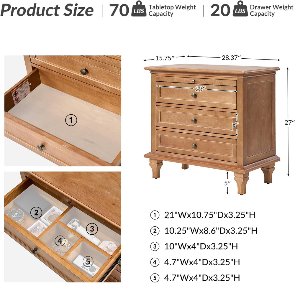 HULALA HOME End Table Set of 2 with Tray, Farmhouse 3 Drawer End Table with S...