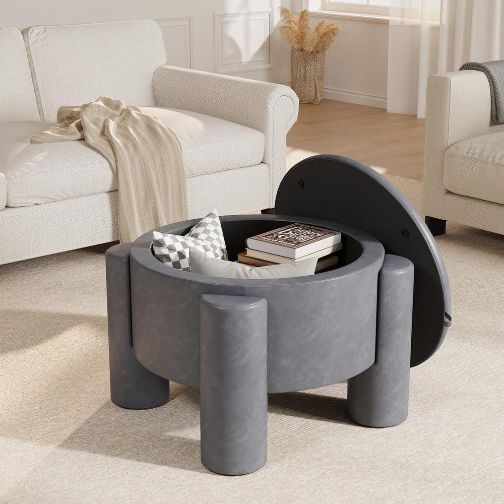 FiveWillowise 24 Inch Round Small Ottoman with Storage,Faux Leather | 24"...