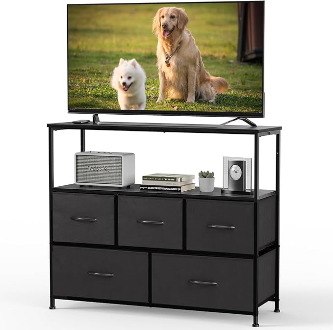 DUMOS TV Stand, Dresser with 5 Fabric Storage Drawers, Media Console Featurin...