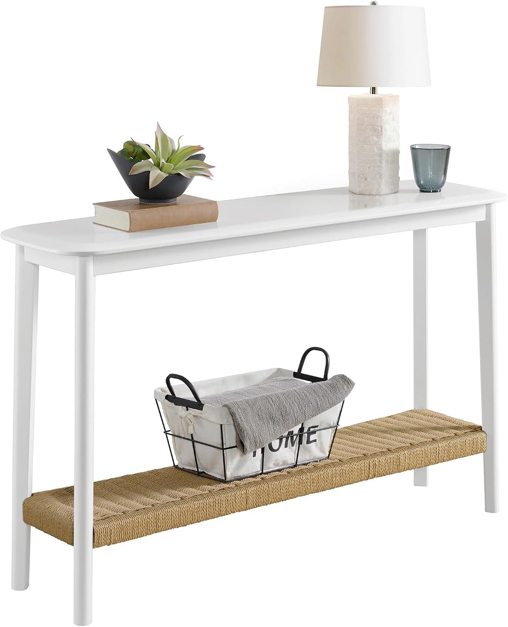 Calais Solid Wood Console Table with Woven Storage Shelf, White, 48 Inch | 2-...