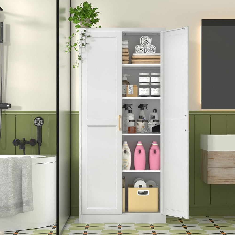 Polup 71" White Metal Kitchen Pantry Storage Cabinet with Doors and Shel...