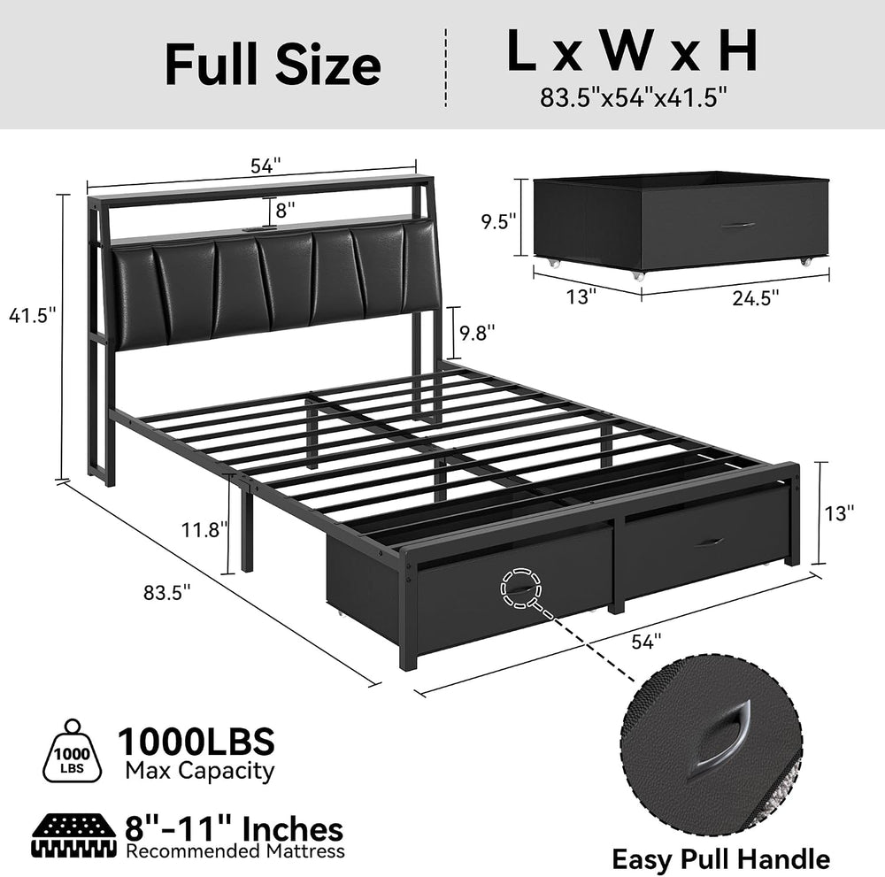 FreeHouse Full Size Bed Frame with Storage Headboard & 2 Drawers, Black