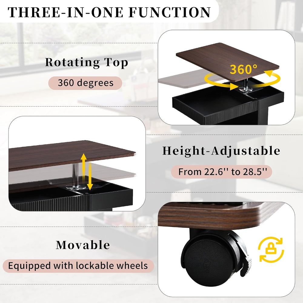 Adjustable Side Table with Wheels, 360° Rotating Lift-Top & Storage, Mode...