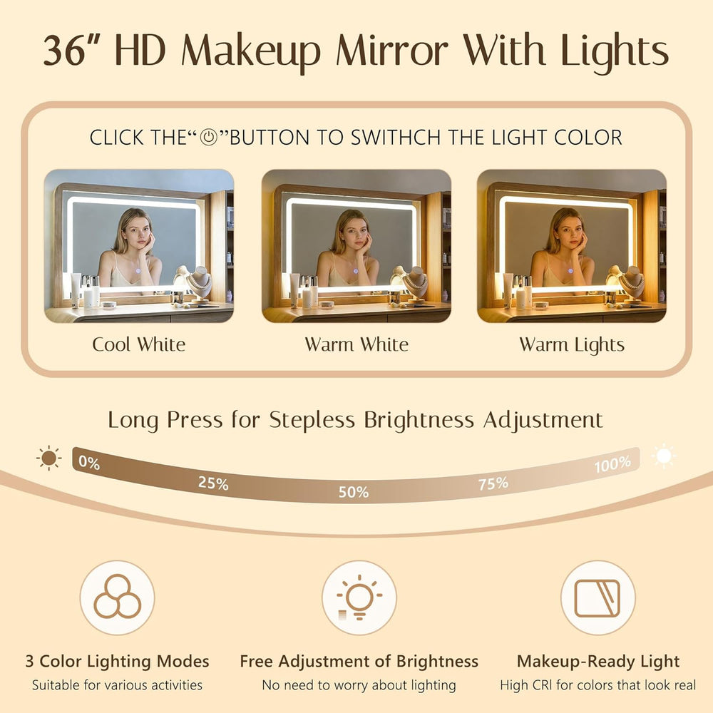 Aitjunz Vanity Desk with Mirror and Lights, 50” Modren Makeup Vanity with 35....