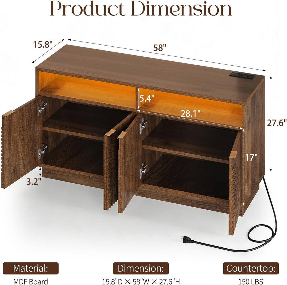 Modern Sideboard Buffet Cabinet with Storage - 58" Fluted Credenza Stror...