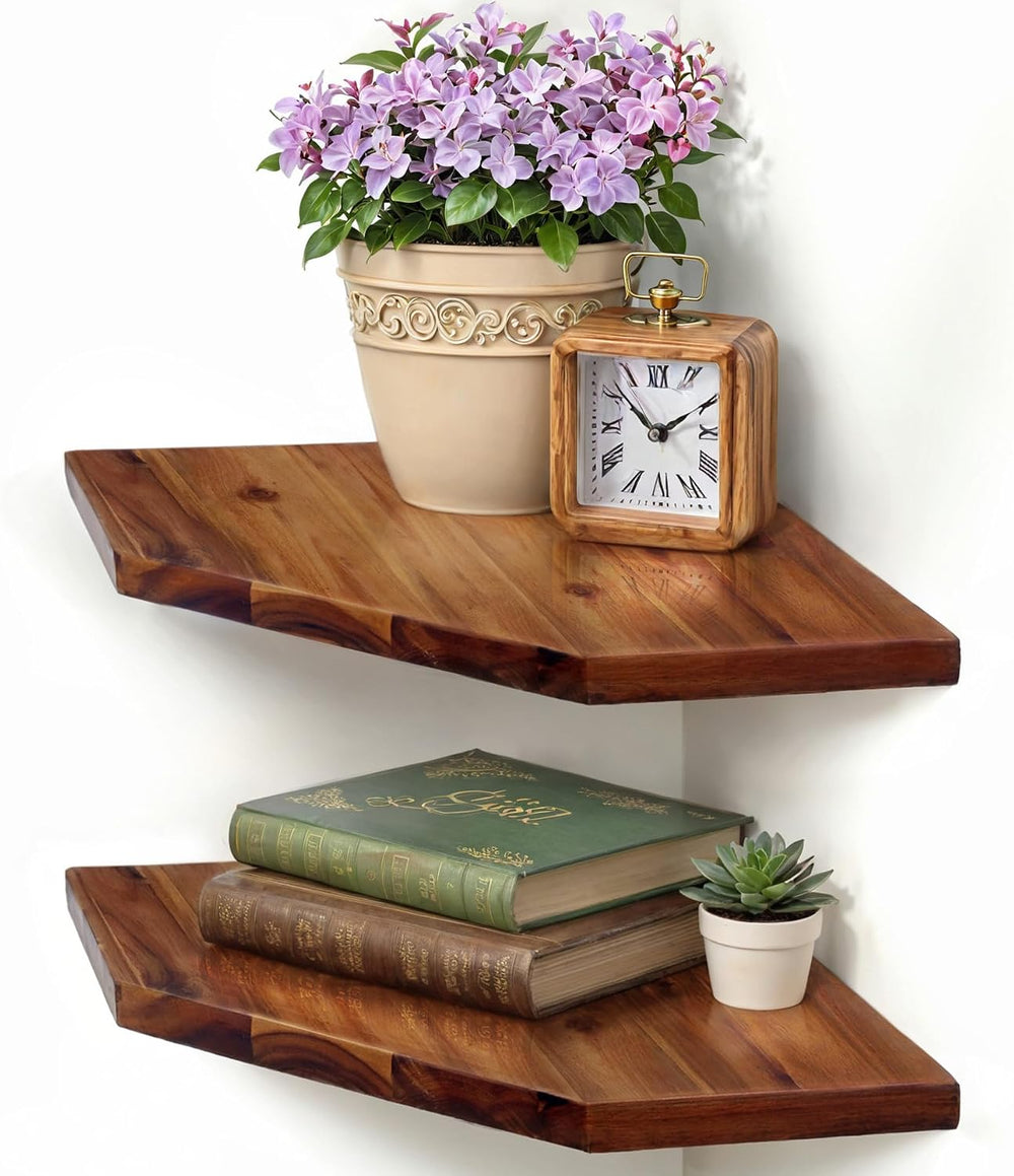Demigo Corner Shelf Wall Mount, 2-Pack Acacia Wood Floating Corner Shelves