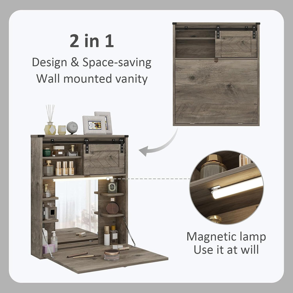 ARTETHYS Floating Vanity Desk with Mirror and Lights Small Wall Mounted Makeu...