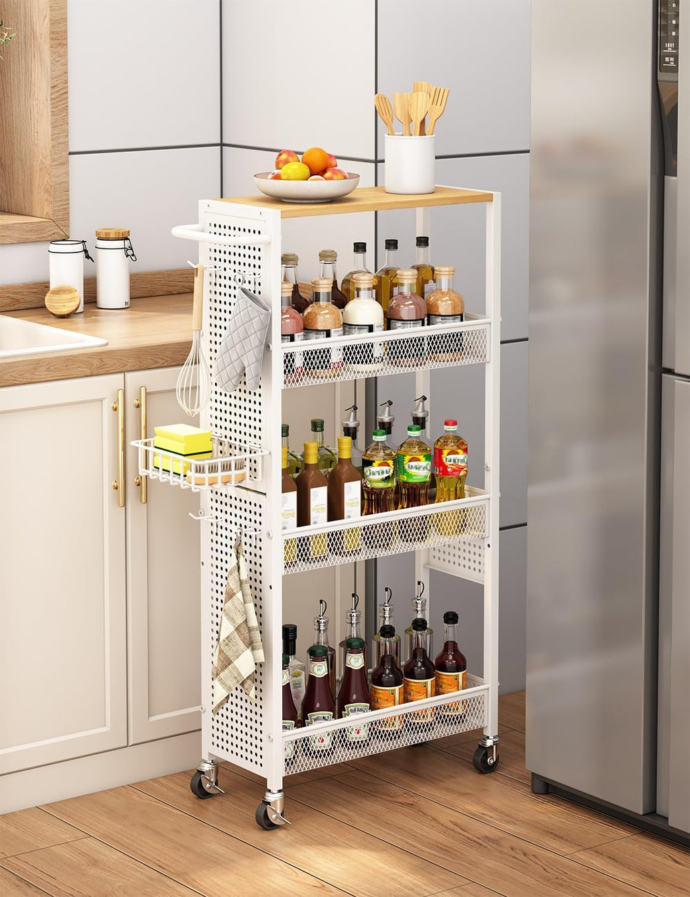 Slim Storage Rolling Cart: 4-Tier Narrow Metal & Wood Utility Cart with W...