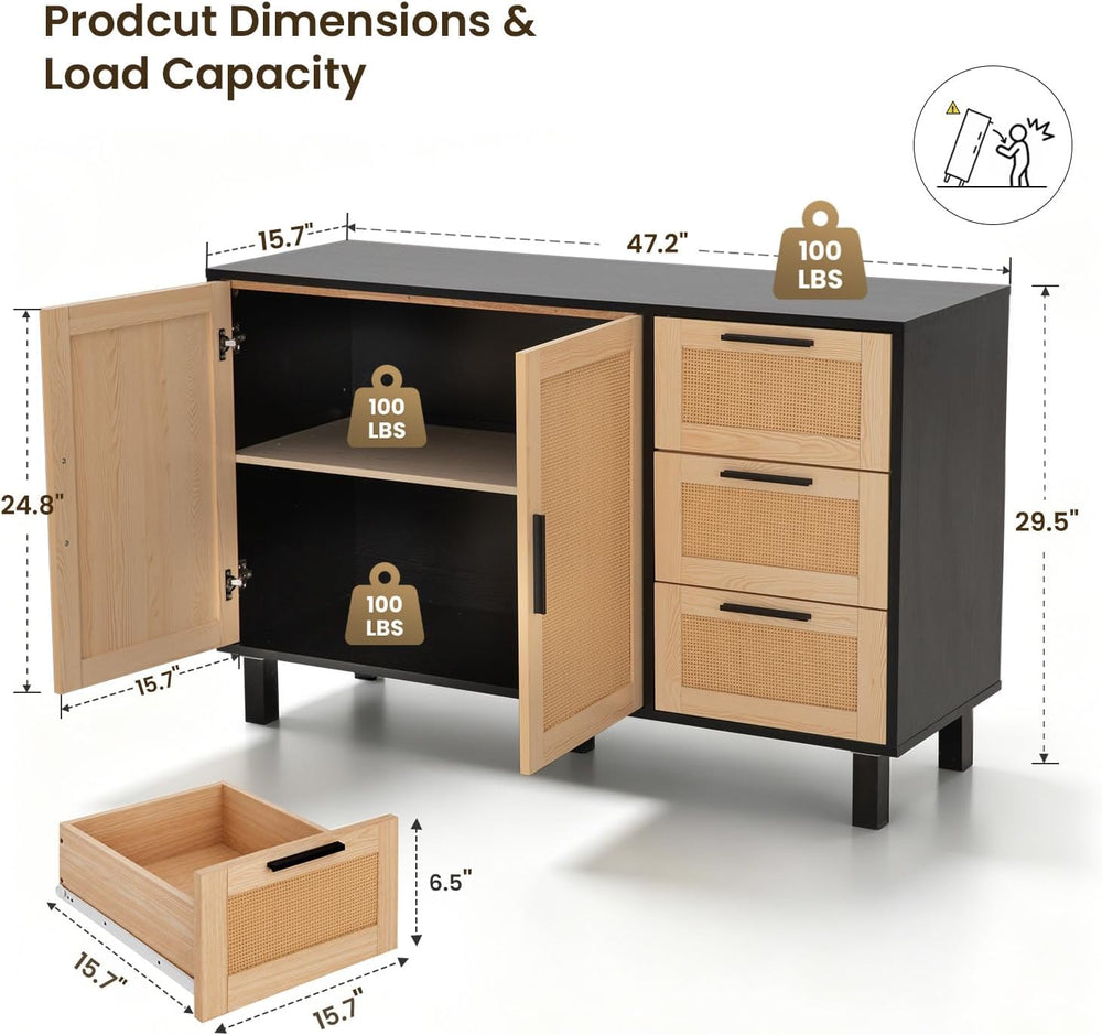 GREEN PARTY 47" Black Rattan Sideboard Buffet Cabinet, Coffee Bar Cabine...