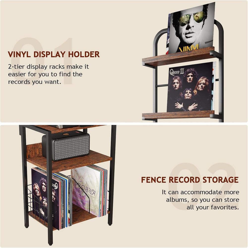Record Player Stand with Power Outlet, Turntable Stand with 2-Tier Vinyl Reco...