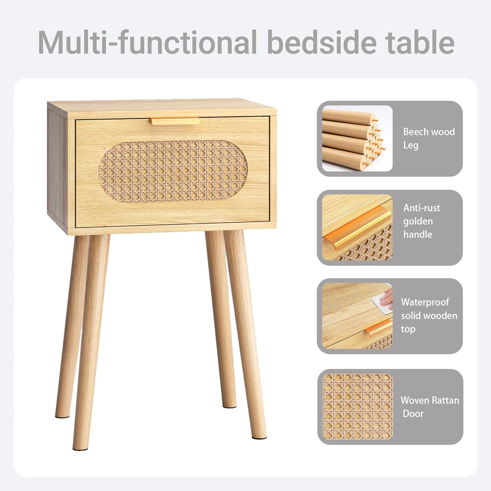 Nightstands Set of 2, Bedside Table with Rattan Door, Boho End Table with Sol...