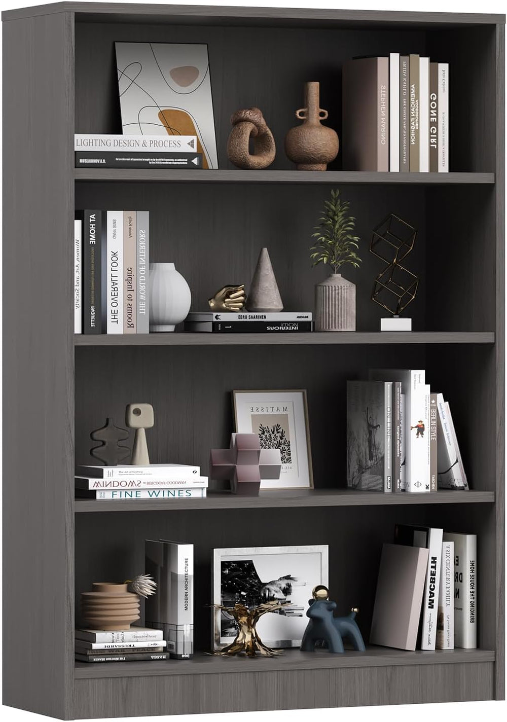 Farini 48 Inch Tall 4-Shelf Bookcase, Wood Bookshelf Storage Organizer Adjust...