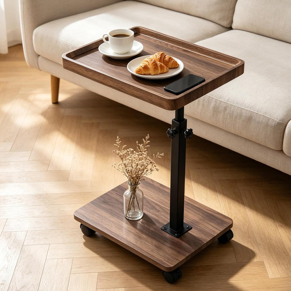 TV Tray Table with Wheels, 360° Swivel C Shaped, Walnut