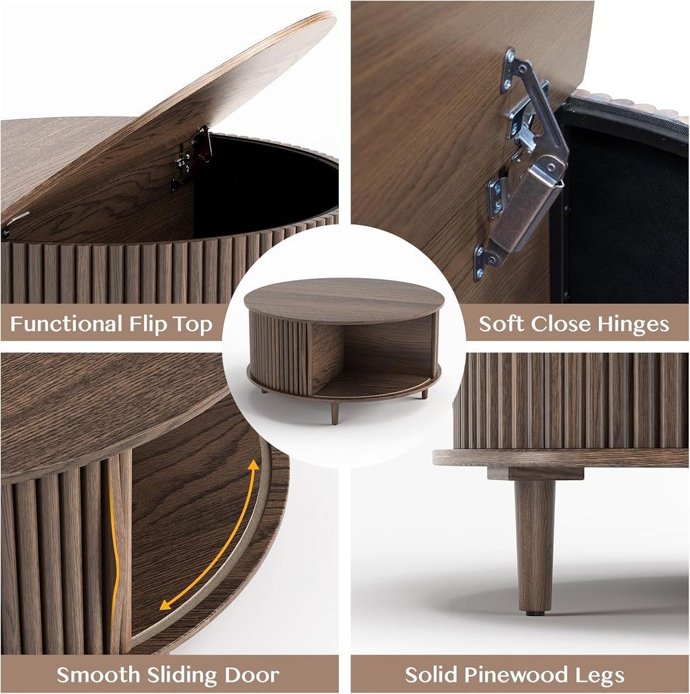 JOINICE 31.5" Round Coffee Table with Storage for Living Room, Walnut
