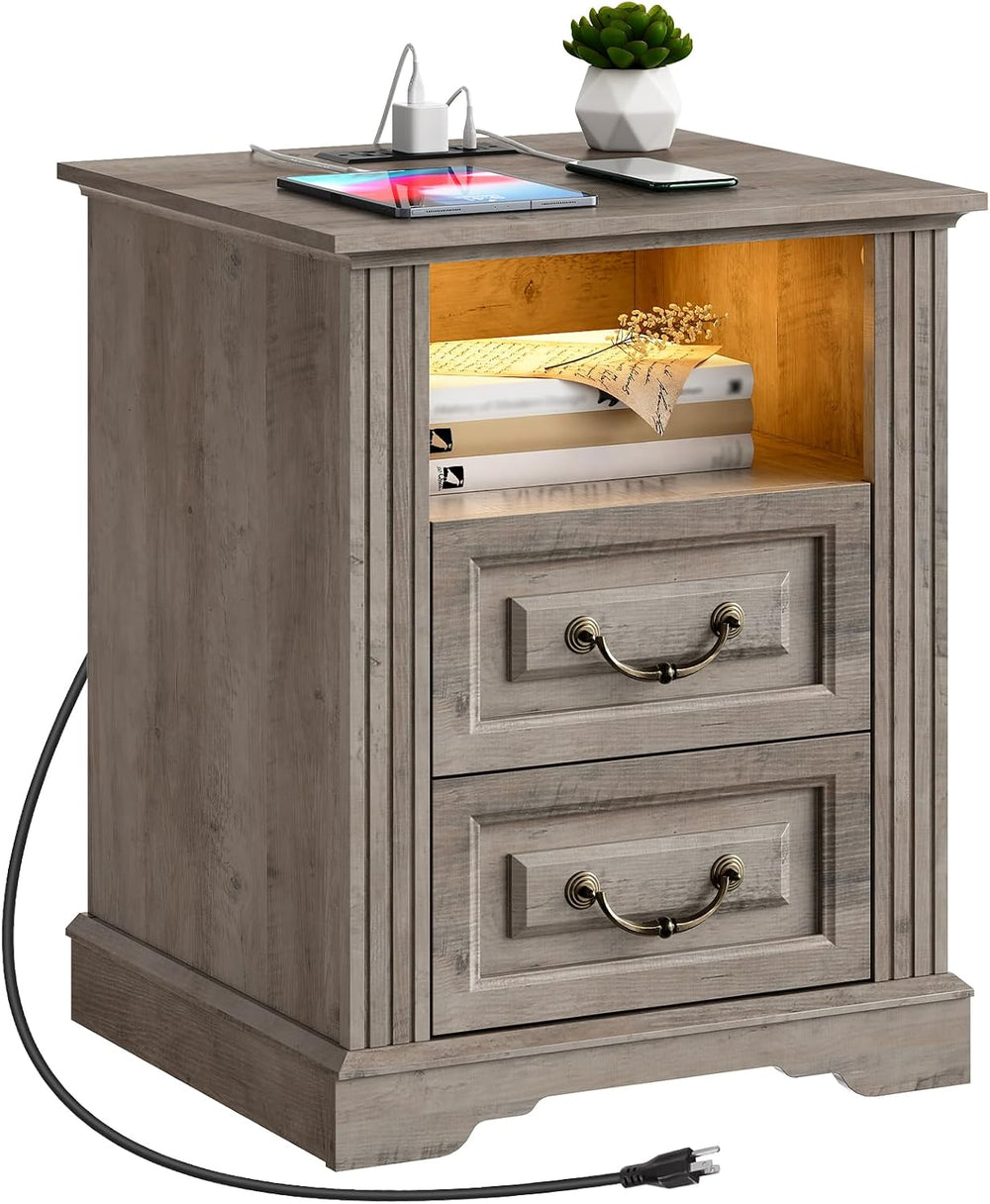 RALGEND Farmhouse Nightstand with Charging Station, Night Stand with 2 Drawer...