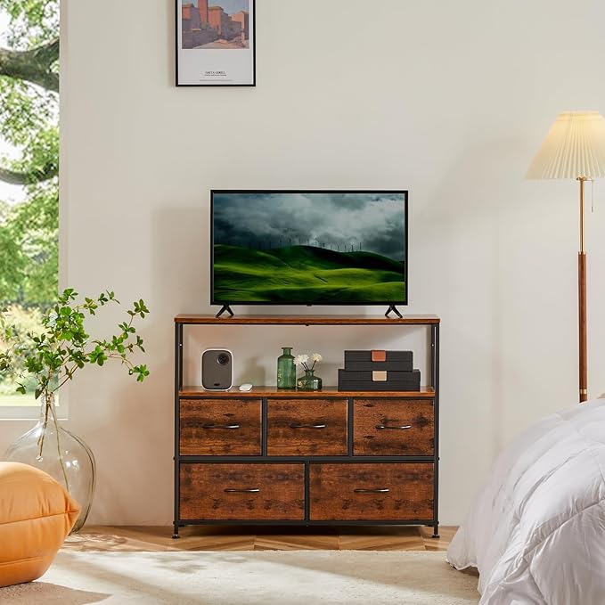 DUMOS TV Stand, Dresser with 5 Fabric Storage Drawers, Media Console Featurin...