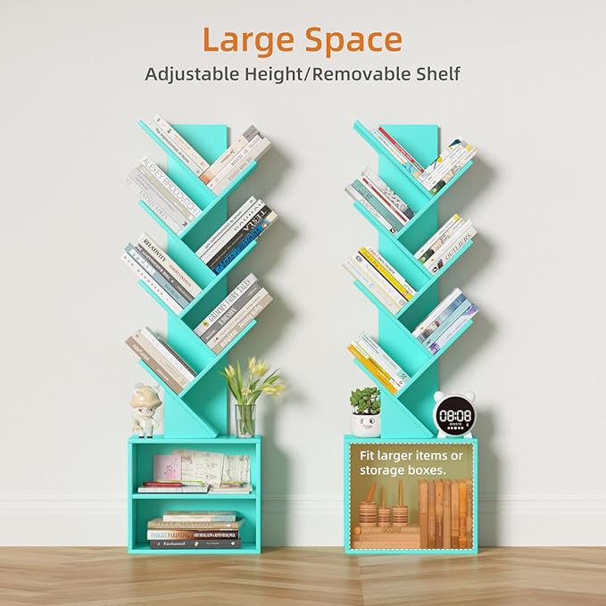 10 Tier Tree Bookshelf,Floor Standing Wood Tall Bookcase for Narrow Space, St...