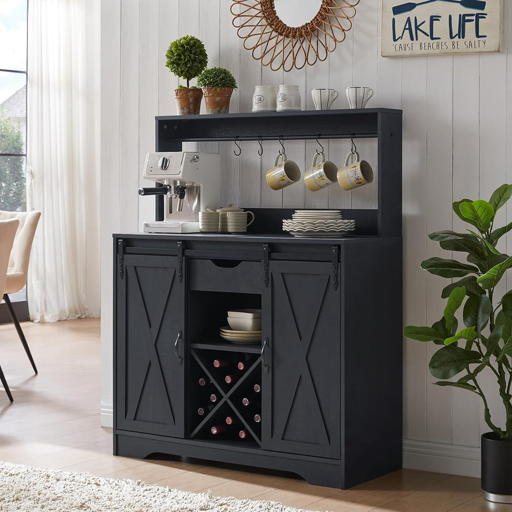 Wnutrees Farmhouse Coffee Bar Cabinet with Charging Station and USB, Black | ...