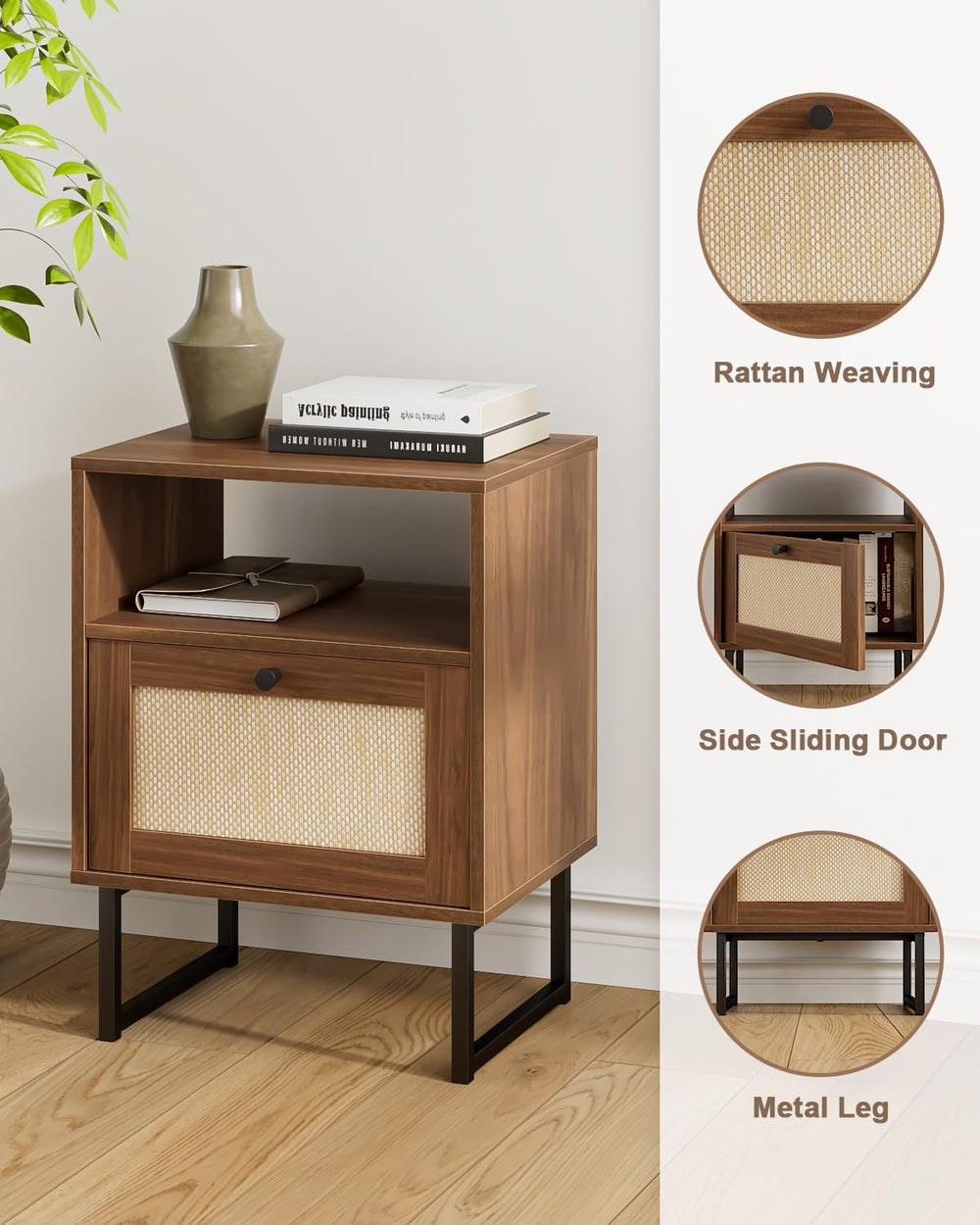 Rattan Nightstand, Boho Night Stand Farmhouse Wood Bedside Table with Storage...