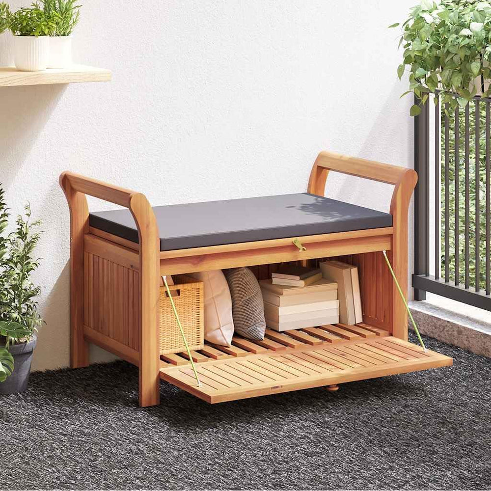Outdoor Storage Bench with Cushion, Acacia Wood Garden Entryway Seating with ...