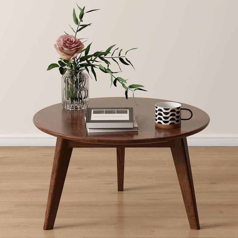 100% Solid Oak Wood Mini Coffee Table, Round Cofffe Tables Side Table w/Solid...