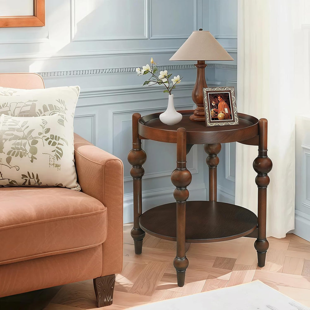23" Round End Table with Solid Wood Frame, Small Side Table with Wood Sh...