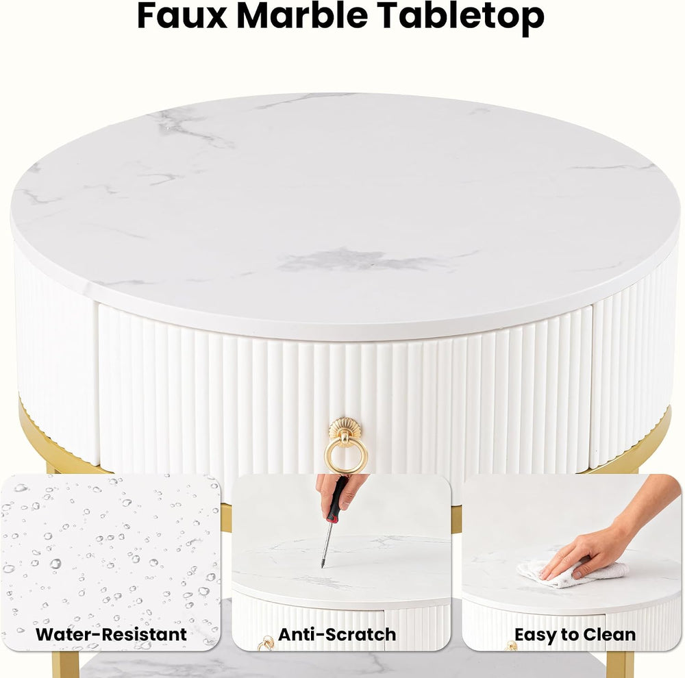 COSIEST Round Side Table with Drawer, Modern Tall Nightstand with Faux Marble...