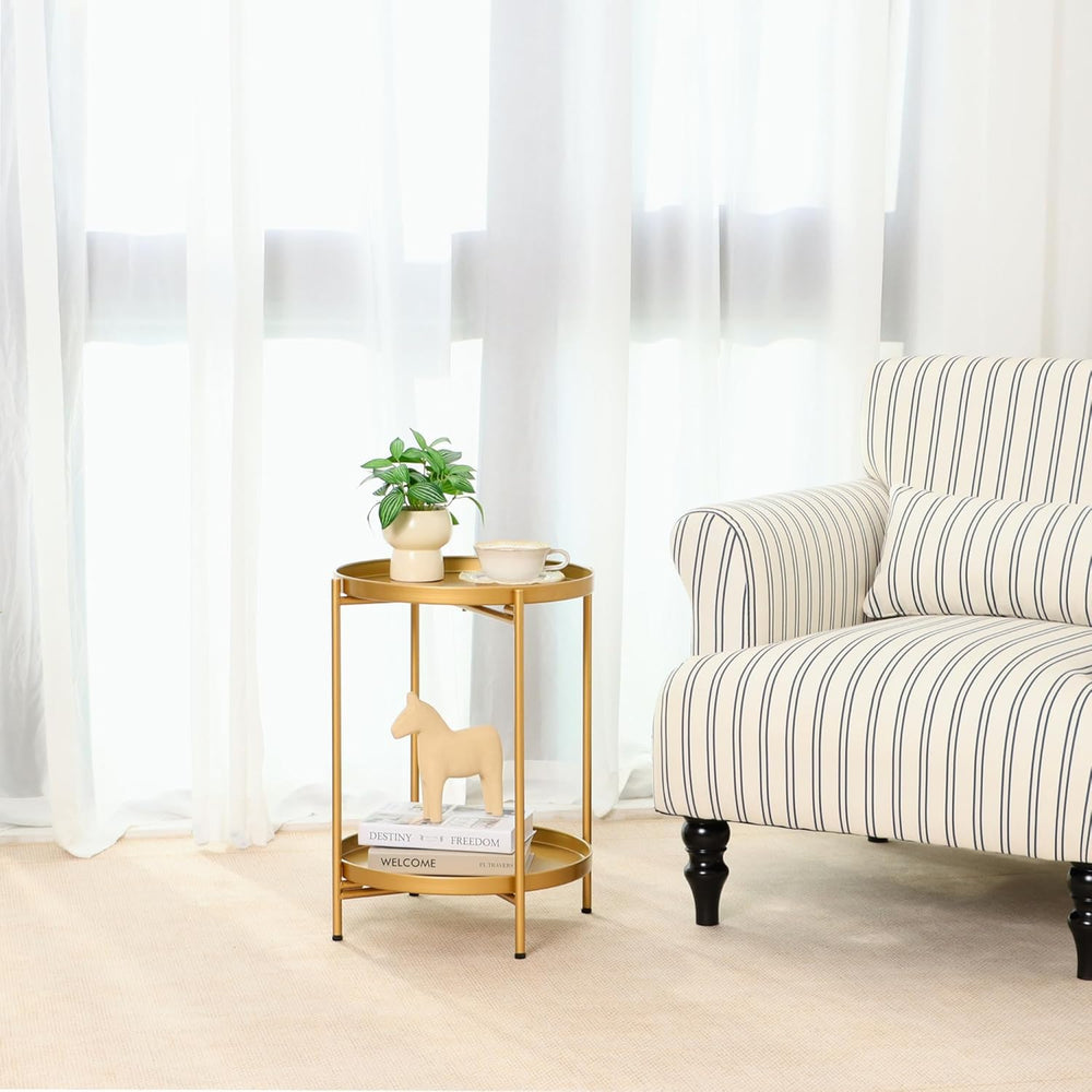 2-Tier Round End Side Table, Small Metal Side Table with Removable Tray, Fold...
