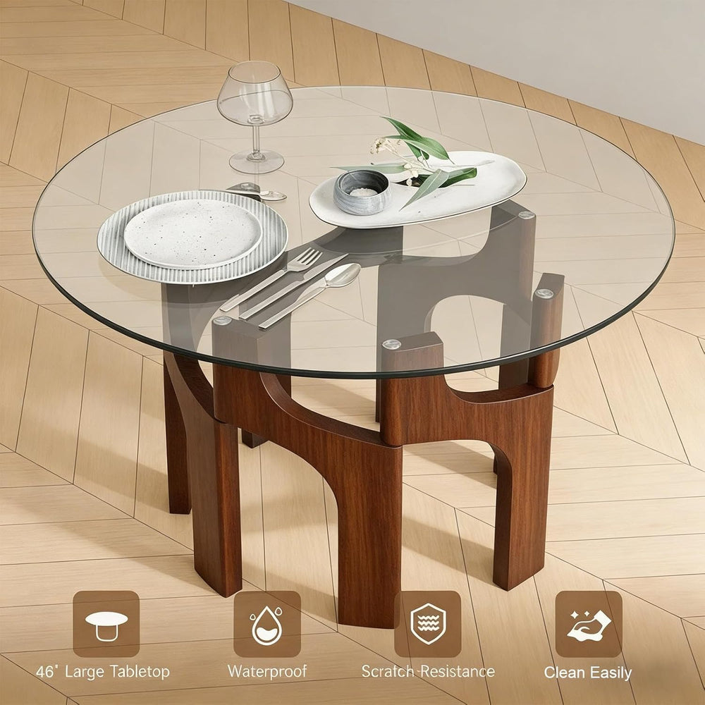 Round Glass Dining Table for 4-6, Modern 46-Inch Kitchen Table with Sturdy Pe...