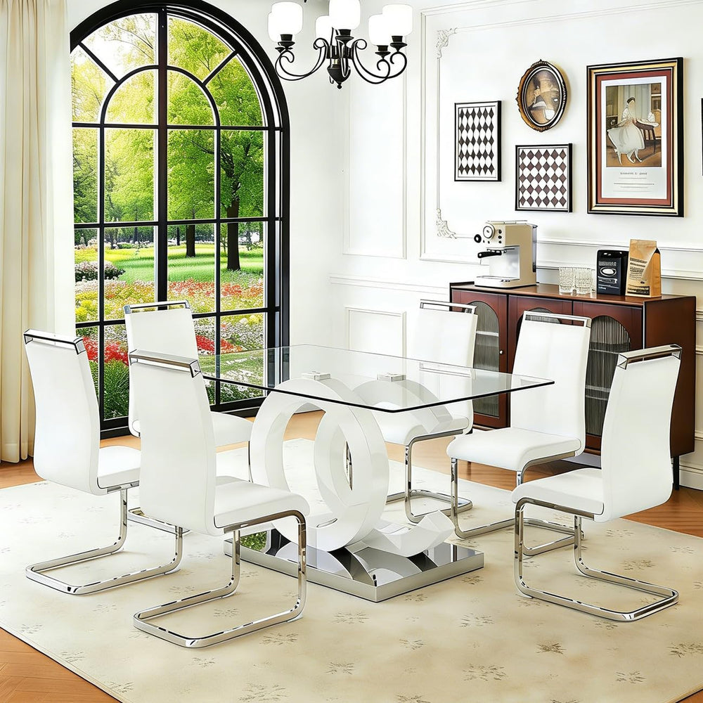 Ebullient 63" Glass Dining Table Set for 6 with Chairs, White Dining Set