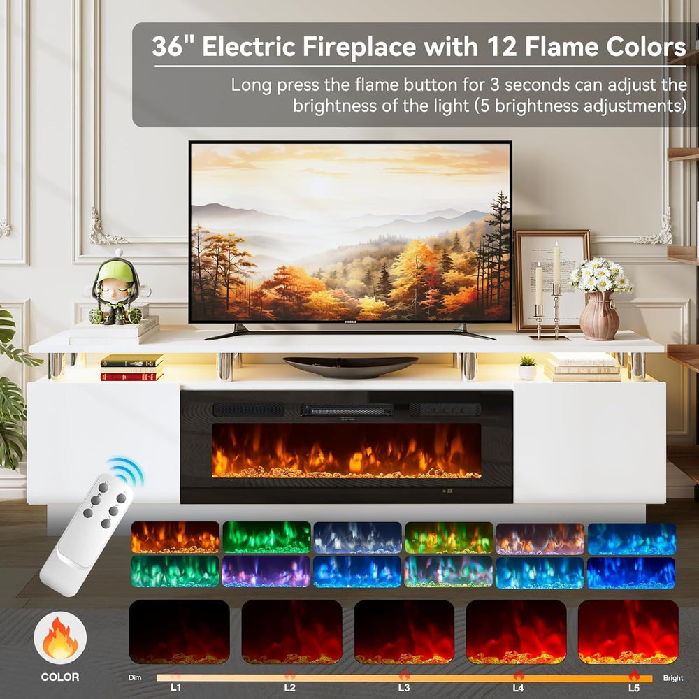 80" Fireplace TV Stand, 2-Tier LED Entertainment Center with 36" Fi...