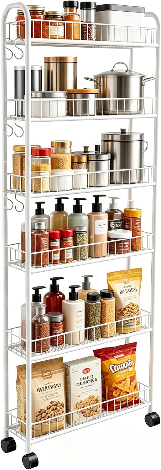 6in 6 Tier Slim Rolling Storage Cart with Wheels, White