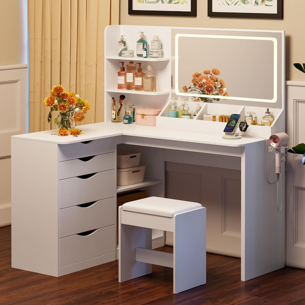 JUMMICO Makeup Vanity Desk with Mirror and Lights, L- Shaped Vanity, White | ...