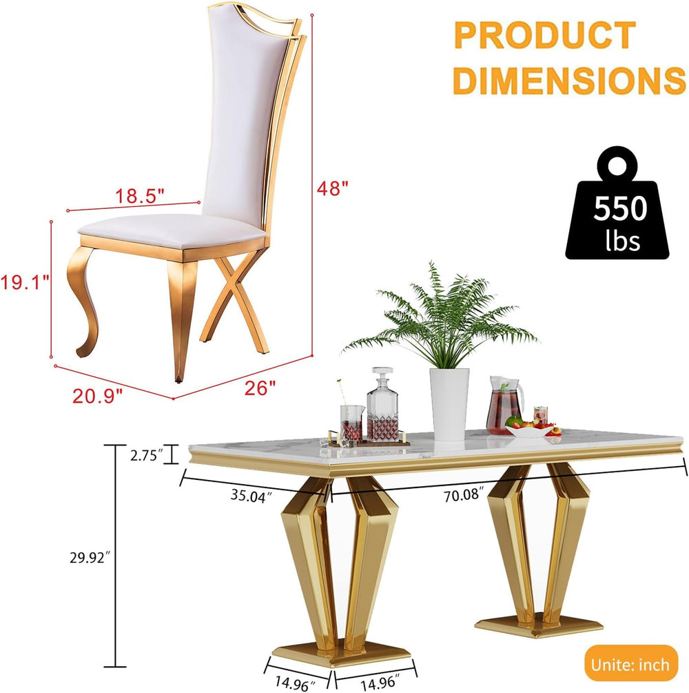 7 Piece Marble Dining Table Set for 6, Luxury Gold Kitchen Table and Chairs S...