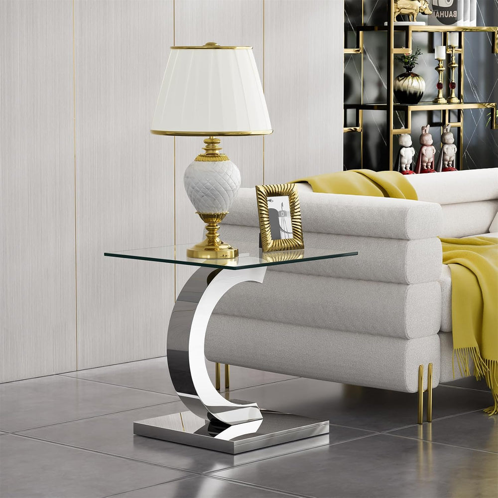 Modern Glass End Table Small Silver Side Table with Gorgeous Stainless Steel ...