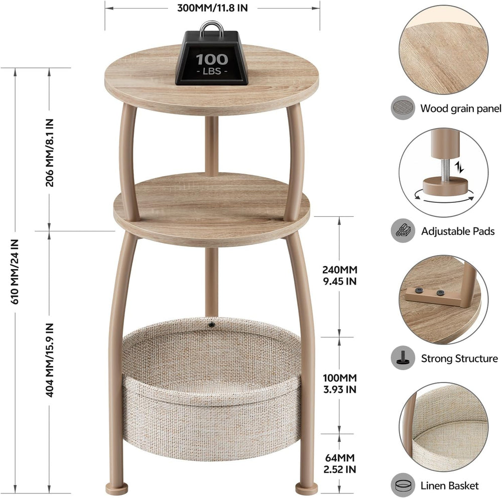 Small Side Table with Storage Basket, Space Saving Round End Table 3-Tier Bed...