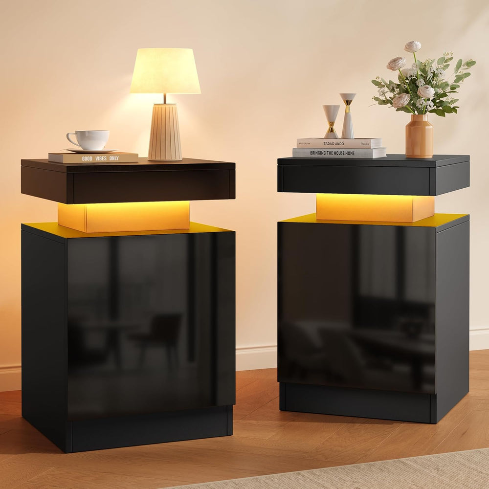 Nightstands Set 2, 15 Inches LED Night Stand Set of 2, Modern Bedside Table w...