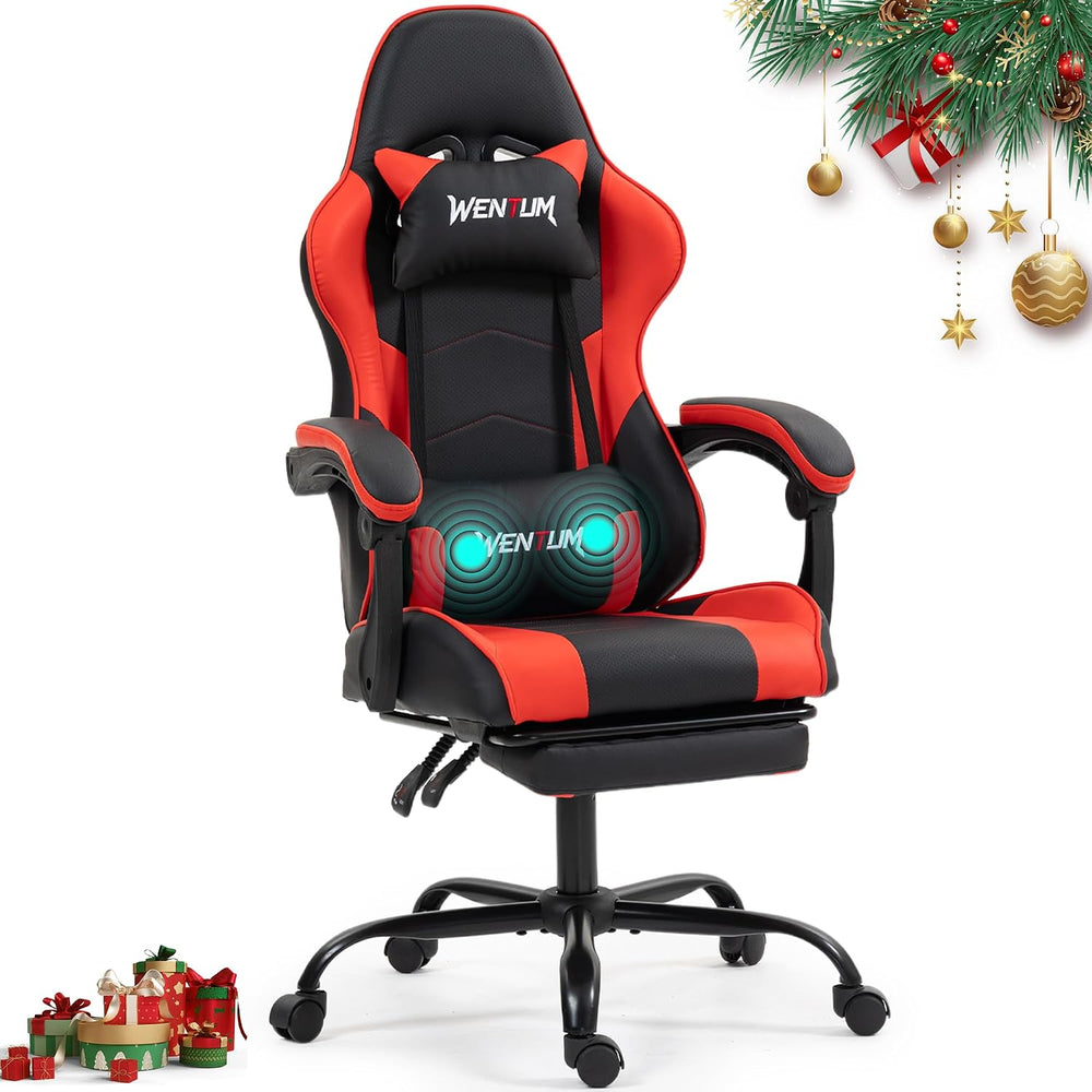 Gaming Chair with Footrest for Adults, PU Leather Massage Racing Video Game C...