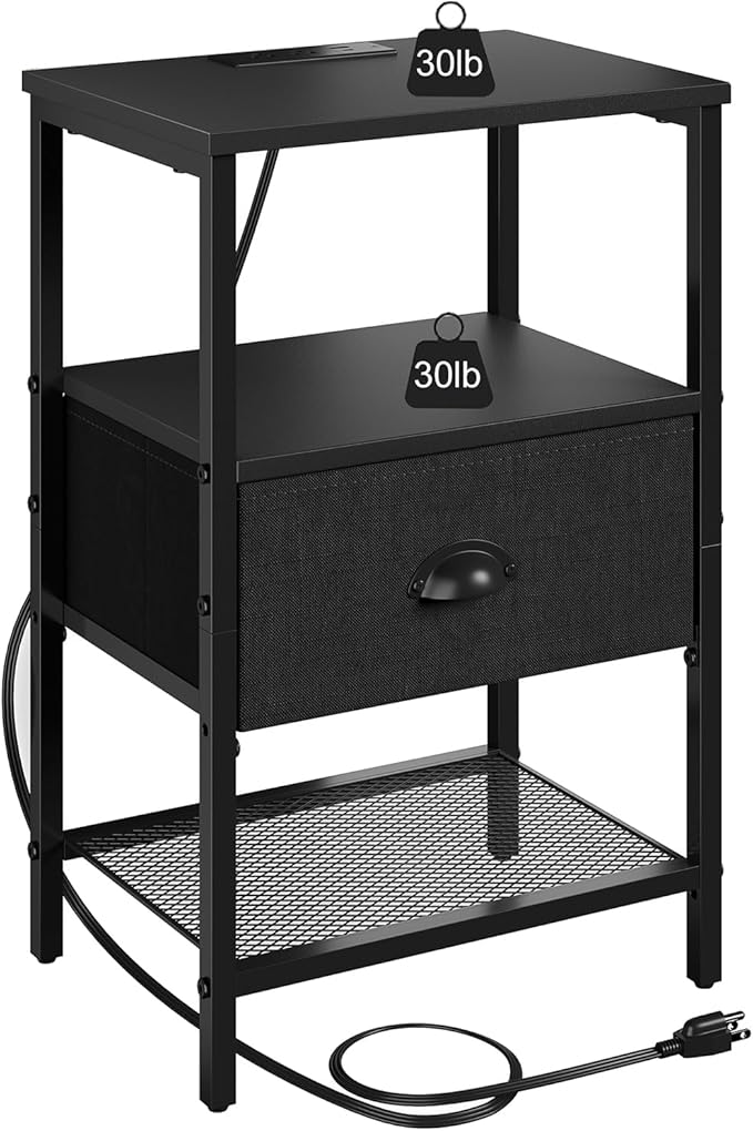 Sthmec Nightstands Set of 2, LED Bedside Tables with Charging Station and Fab...