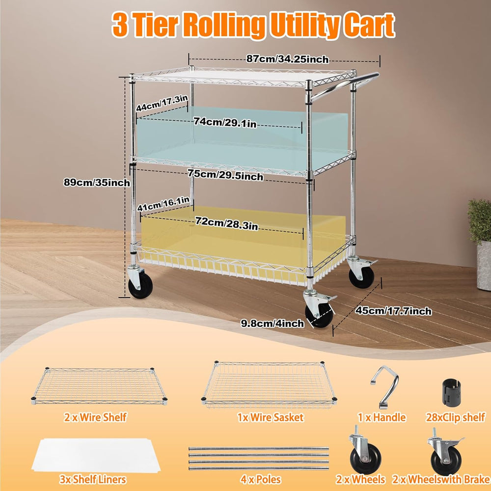 3-Tier Rolling Cart, Utility Metal Wire Cart, 30" D x 18" W x 35&qu...