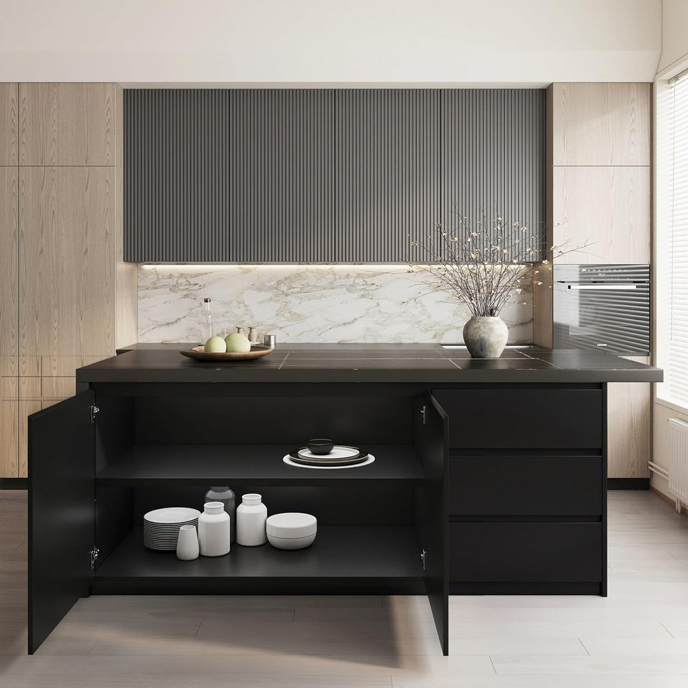 homary Kitchen Island with Storage & Wine Rack, 72" Modern Black Kit...