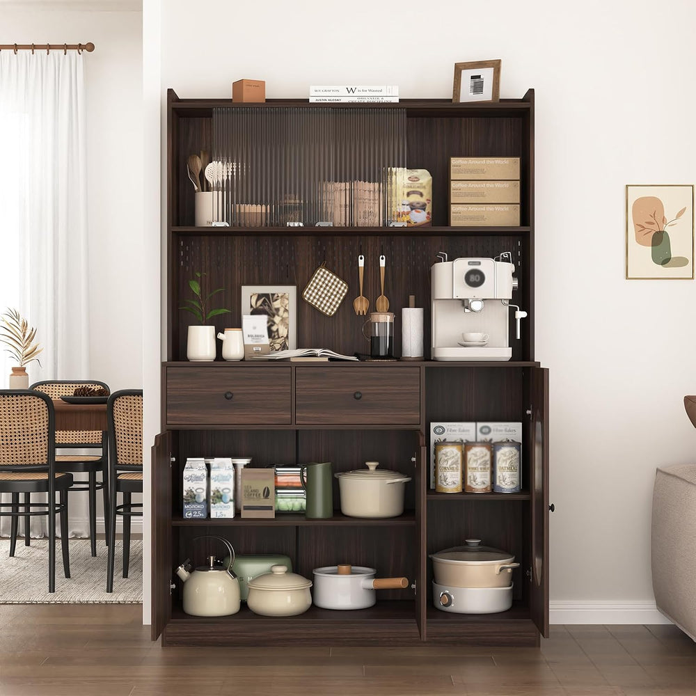 71" Freestanding Kitchen Pantry, Large Dish Storage Cabinet with Fluted ...
