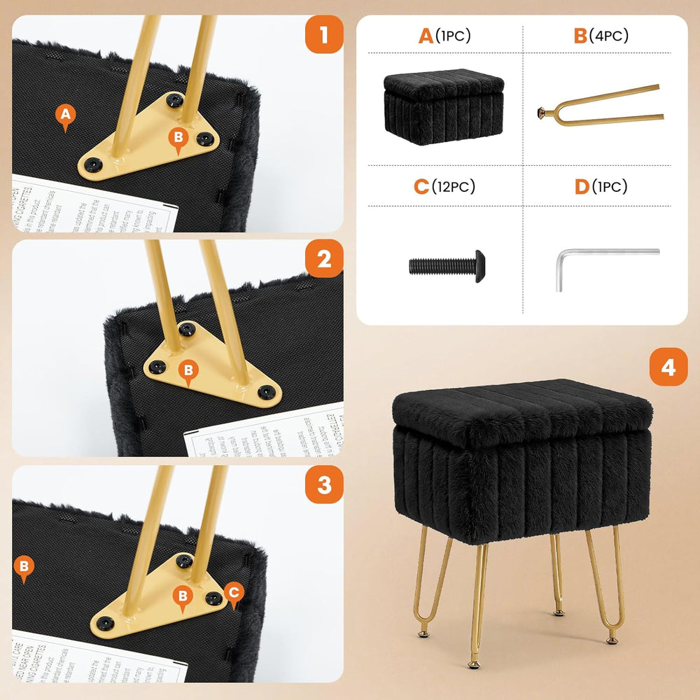 DUMOS Vanity Stool Chair with Storage, Small Ottoman Faux Fur Soft Padded Foo...