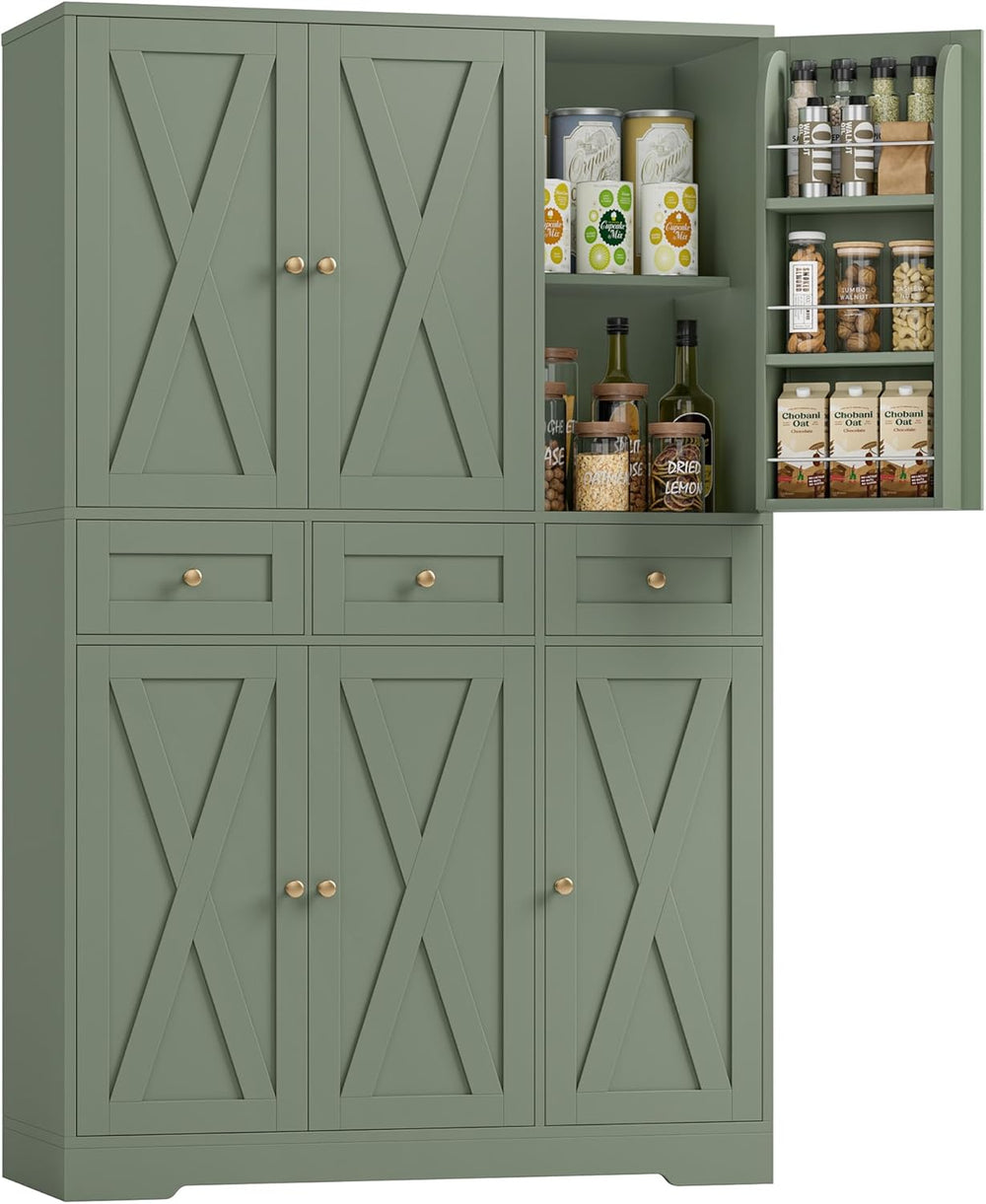 HOSTACK 67"H Farmhouse Kitchen Pantry Storage Cabinet with 3 Drawers, Gr...