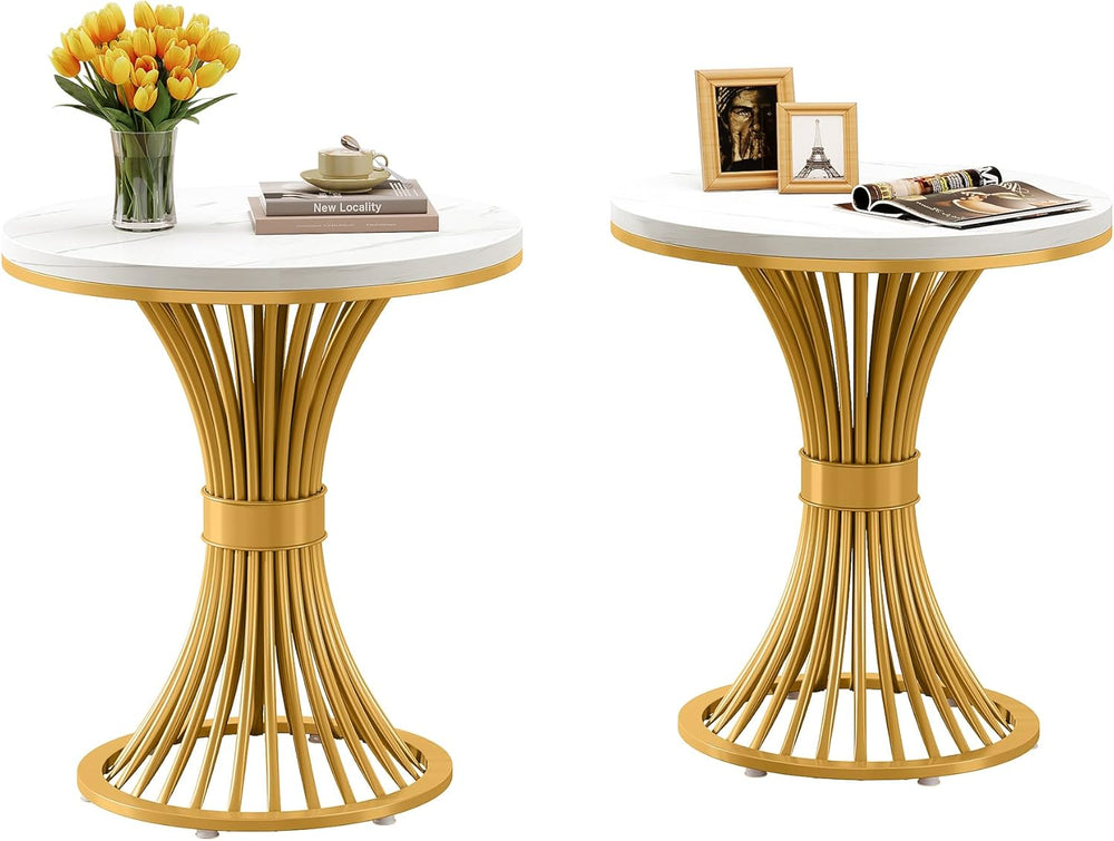 Tribesigns Round End Table, Modern Faux Marble Side Table with Gold Metal Bas...
