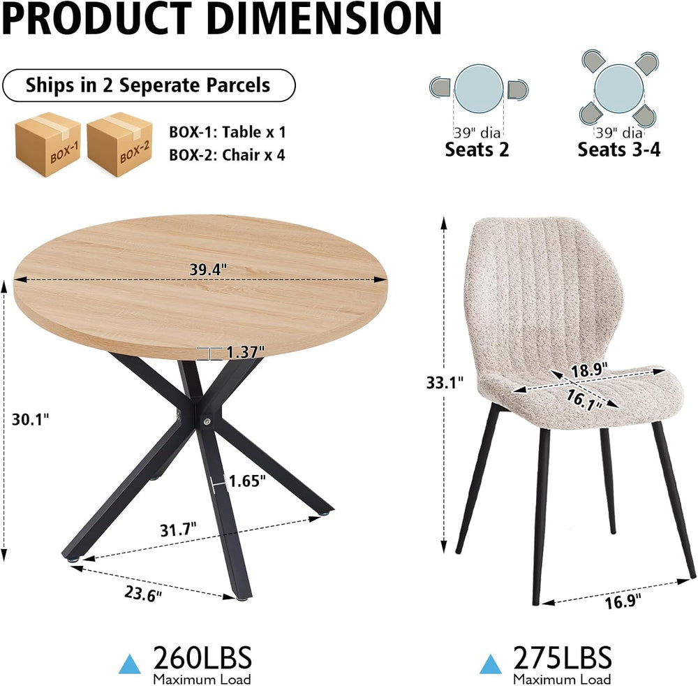 39" Round Dining Table Set for 4, Mid Century Kitchen Table with 4 Boucl...